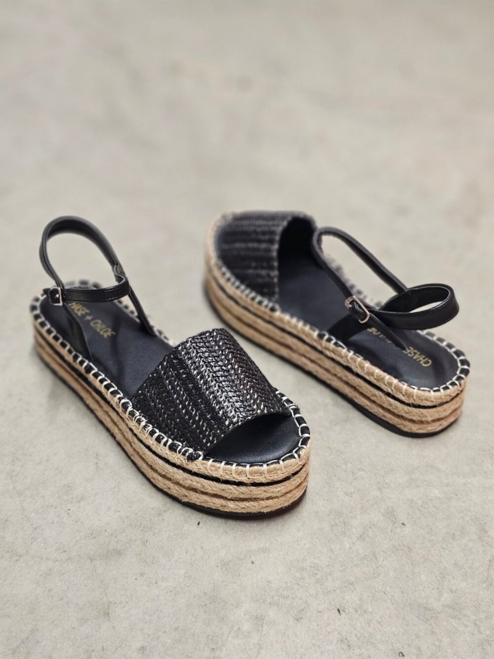 Chase + Chloe Black Woven Straw Platform Sandals With Adjustable Strap Womens Si